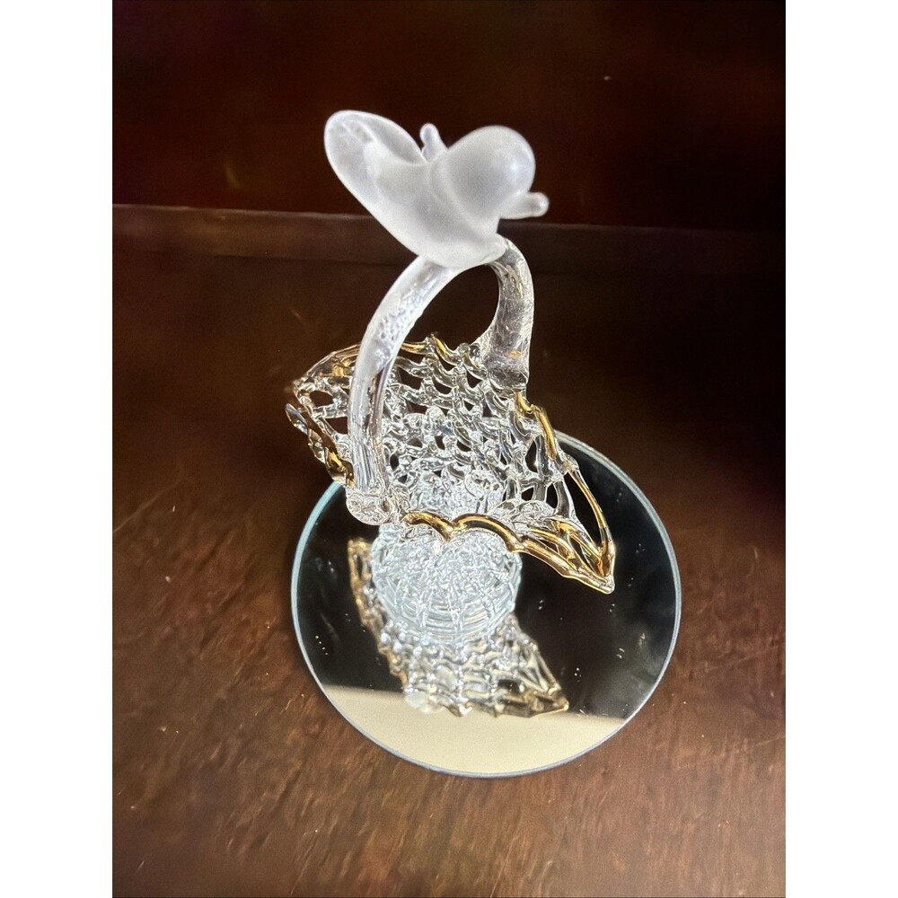 Vintage Cake Topper Basket with Bird Art Clear Glass 2.5", NO CHIPS, NO CRACKS